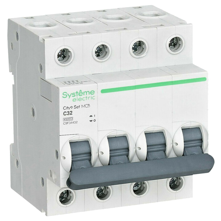 Автоматический выключатель четырехполюсный Systeme Electric City9 Set 4Р 32А (C) 4.5кА, сила тока 32 А, тип расцепления C, переменный, отключающая способность 4.5 kА